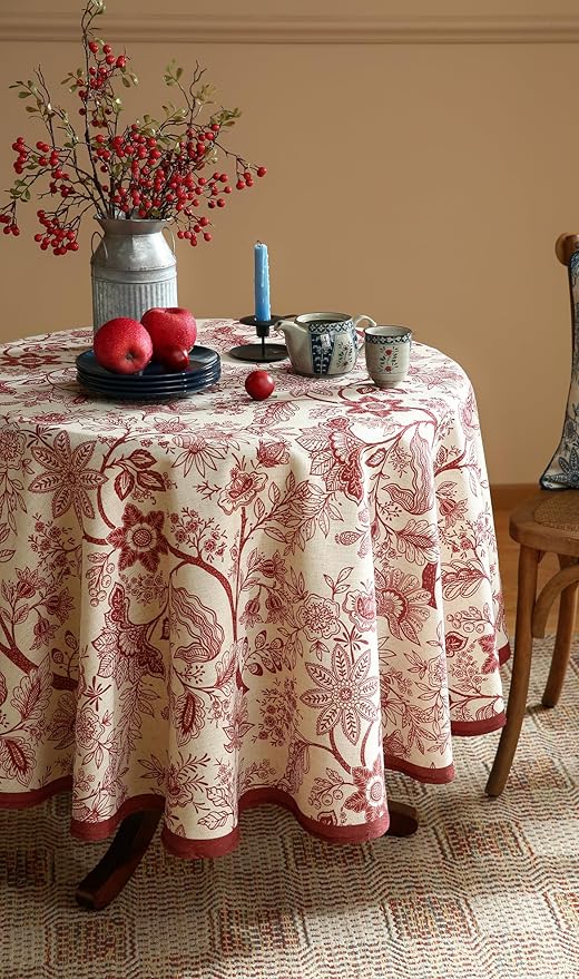 ISAENNE Designer French Linen Round Tablecloth,Red Floral Washable Indoor Table Cloth,Durable Home Decor Tablecloths for Dining Thanksgiving Kitchen Party Christmas,Diameter 67"-Ruyi A