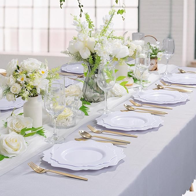 COLOSUS 100pcs 9.5 Inch-White Plastic Dinner Plates, Fancy White Plastic Plates,Heavy Duty Disposable Dinner Plates for Party Wedding and Everyday Use