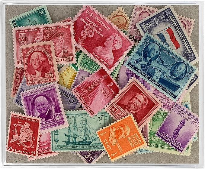 American Coin Treasures 40 U.S. Postage Stamps from The 1910's, 1920's, 1930's and 1940's, Mint State Condition, Various Denominations and Postal Rates, Perforated Edges