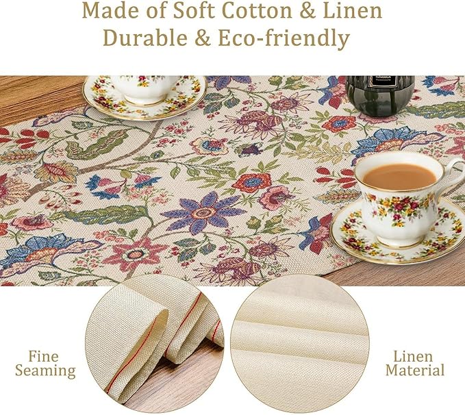 Spring Floral Table Runner, Boho Floral Pattern Natural Plant Table Decoration for Home Kitchen Restaurant Holiday Party, 13in W x 36in L