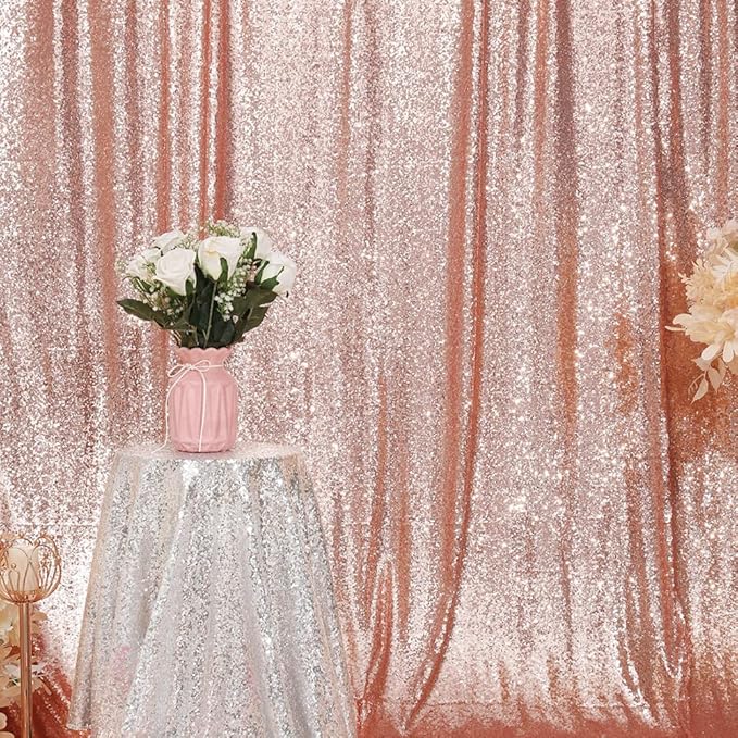 Eternal Beauty Sequin Backdrop Curtain, 8FT x 8FT Rose Gold Background for Valentine's Day Wedding Party Decor