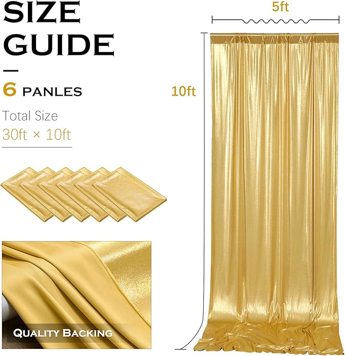 PartyVillage 30x10FT Gold Sequin Backdrop Curtain -6 Panels 5x10FT Wrinkle Free Shimmer Back Drop Cloth, Glitter Backdrop Drapes for Photography, Birthday, Wedding, Graduation Background