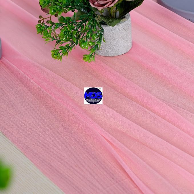 MDS 5 Pack 10ft Chiffon Table Runner 29 x 120 Inches Sheer Wedding Runner Romantic Rustic Table Runner for Wedding Decorations, Birthday Parties, Bridal Shower Party Arch Decor - Coral