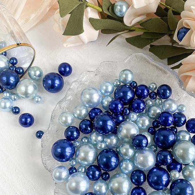 150Pcs Navy&Light Blue Polished No Hole Faux Pearl Beads for Vase Filling Decorations, Plastic Pearls Vase Fillers, Table Scatters, Wedding Centerpiece, Home Decor, 8/14/20 mm