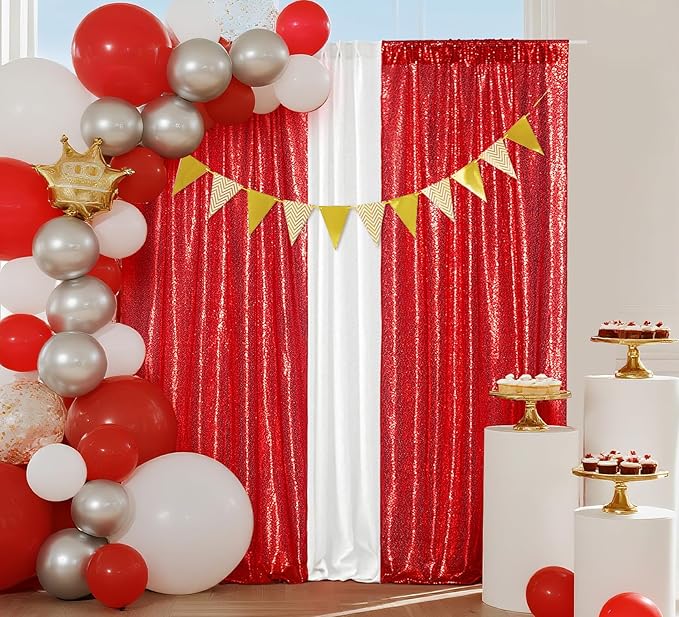 Juya Delight Red Sequin Backdrop Curtains 2Pcs 2ftx8ft Glitter Photography Backdrop for Party Shimmer Back Drapes Birthday Valentine Decorations