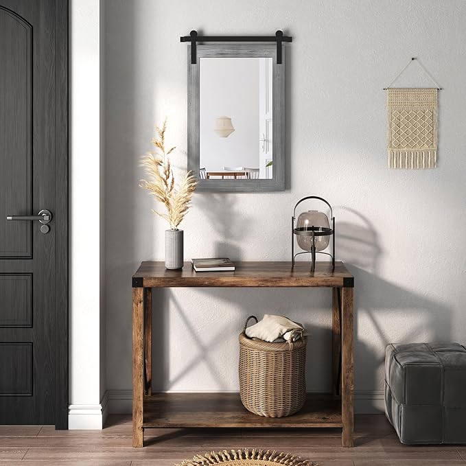 COGOOD Farmhouse Barn Door Mirror - 17 x 26 Rustic Wood Framed Wall Mirror for Bathroom, Living Room, Entryway Wall Decor (Grey)