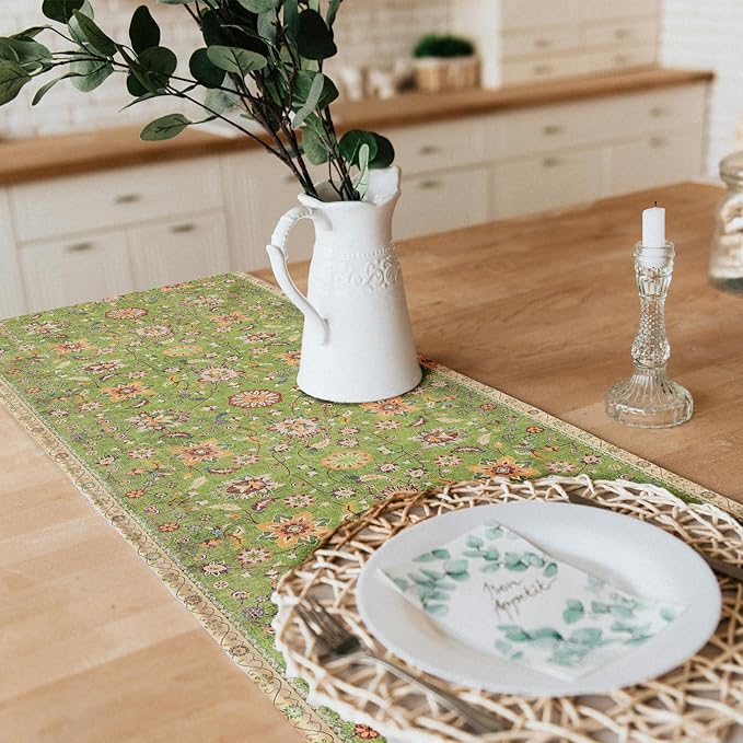 Snycler Table Runner Boho Table Runners Vintage Elegant Farmhouse Table Center Linen Decor for Home Dining Party Entrance (13x48 Inch) Green