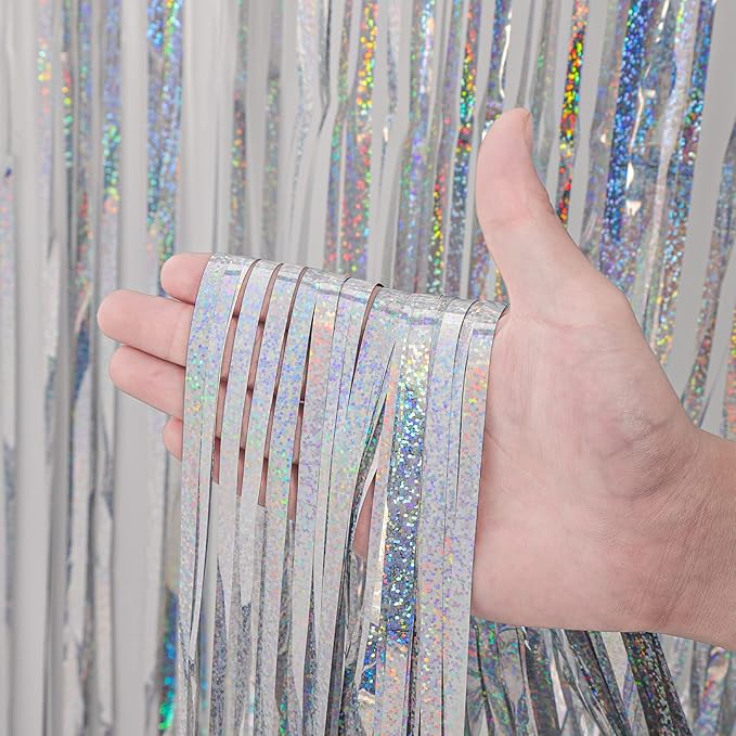 4 Pack Laser Silver Foil Fringe Backdrop Curtains, Tinsel Streamers Birthday Party Decorations, Fringe Backdrop for Graduation, Baby Shower, Gender Reveal, Disco Party