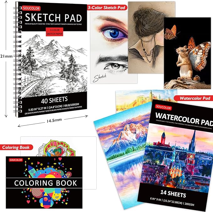 Art Supplies, Soucolor 76 Pack Drawing Set Sketching Kit, Christmas Gifts Box for Adult Kids Teen Girls: 3-Color SketchBook, Watercolor Pad, Coloring Book, Charcoal Colored Watercolor Metallic Pencils