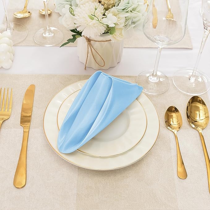 12 Pieces Light Blue Satin Napkins, 17" x 17" Square Table Napkins, Silky Soft Smooth Washable Napkins for Restaurant, Weddings, Dinner, Party Decoration