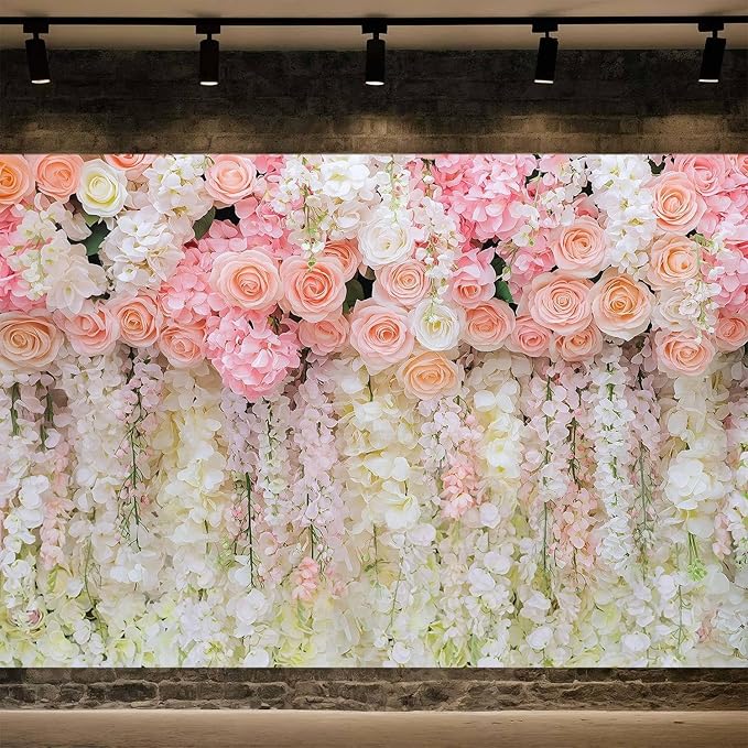 10x8ft Pink Rose Flower Wedding Photography Backdrop Spring Floral Photography Backdrop Valentine's Day Mother's Day Girl Birthday Baby Shower Wedding Bridal Party Banner Photo Booth Props Background