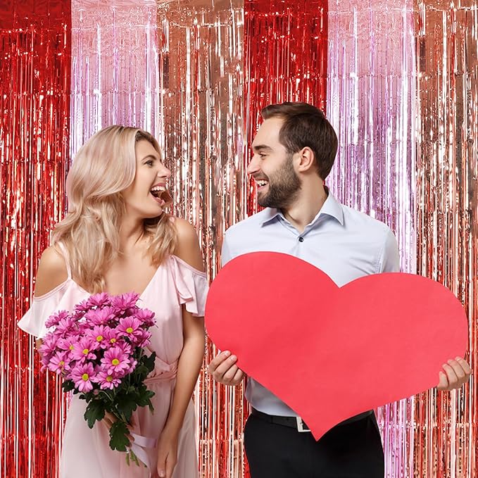TONIFUL Valentine's Day Door Streamers,Red Pink and Rose Gold Photo Booth Backdrop Metallic Streamers Foil Fringe Curtain for Birthday Valentine's Day Bridal Shower Engagement Party Decoration