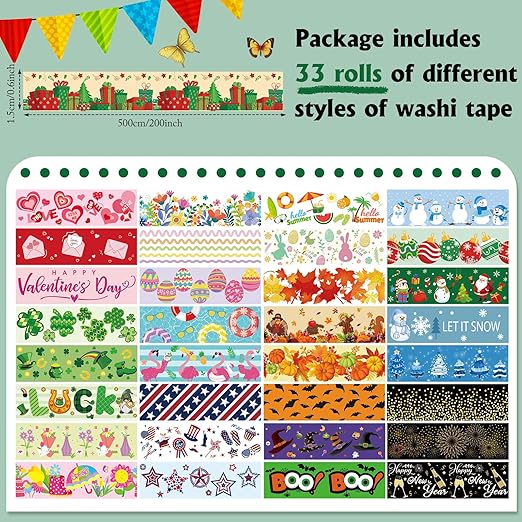 TaoBary 33 Rolls Holiday Plaid Washi Tape, 15 mm Seasonal Washi Tape Set Bohemian Colorful Vintage Cute for Card Wrapping Craft(Festive Style)