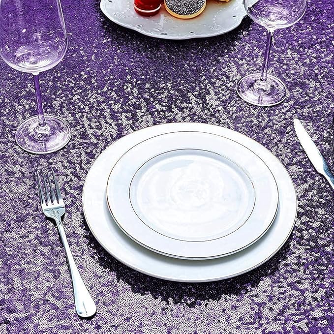 QueenDream Sequin Tablecloth 90"x132" Purple Party Tablecloth Rectangular Seamless Sequin Table Cloth Overlay Glitter Wedding Birthday Bridal Shower Decorations