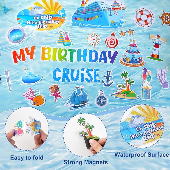 26 Pcs Birthday Cruise Door Decorations Magnetic, Funny Cruise Ship Sea Navigation Door Magnets Stickers Cruise Door Decor for Cabin Door Fridge Car Accessories Carnival Birthday Party Supplies