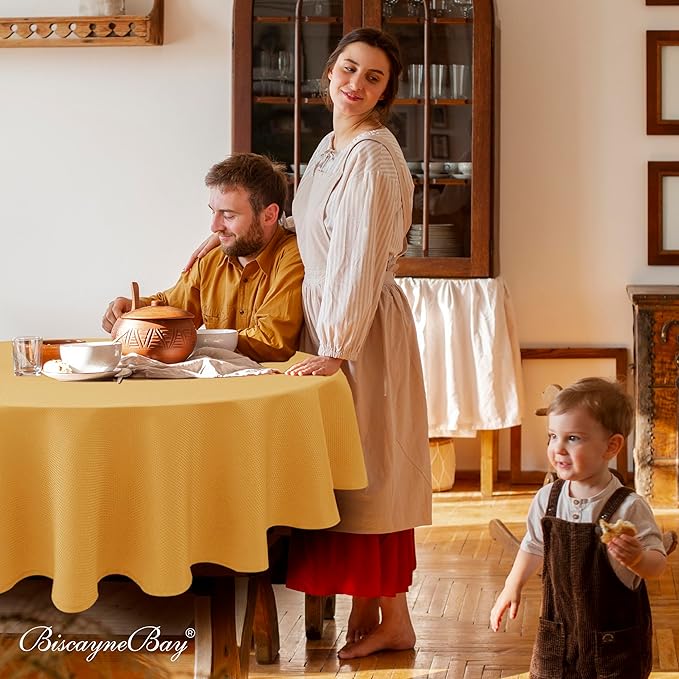 Biscaynebay Fall Tablecloth Textured Fabric Round Tablecloths 90", Fall Gold Thanksgiving Autumn Harvest Water Resistant Fabric Tablecloths for Kitchen, Dining, Wedding, Parties Machine Washable
