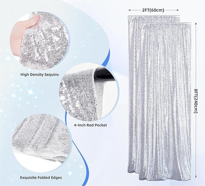 Silver Sequin Backdrop 2 Panels Christmas Party Backdrop Curtain,Glitter Photo Background for Wedding Baby Shower