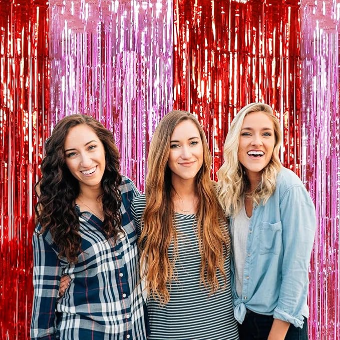 TONIFUL Valentine's Day Door Streamers,Red and Pink Photo Booth Backdrop Metallic Streamers Foil Fringe Curtain for Birthday Valentine's Day Bridal Shower Engagement Party Decoration