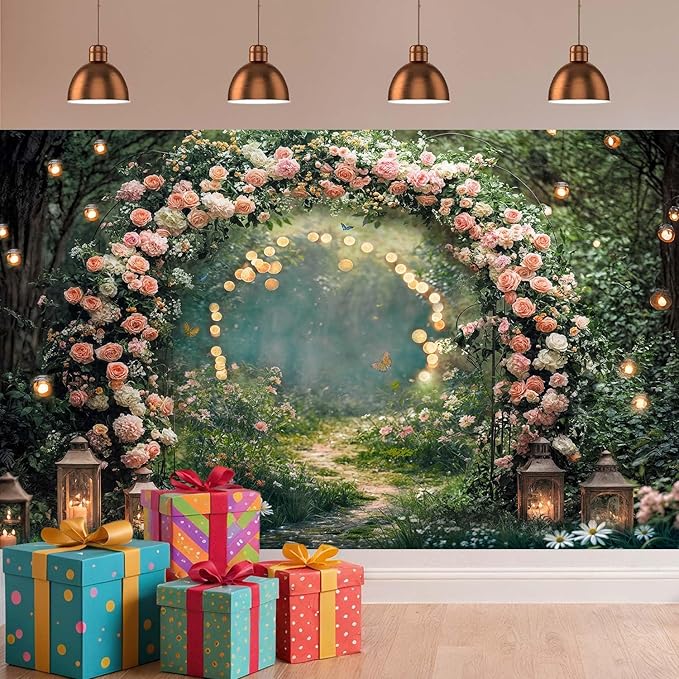 7x5ft Enchanted Forest Wedding Photography Backdrop Wonderland Roses Fairy Tale Backdrop Pink Flower Birthday Newborn Baby Shower Wedding Bridal Party Banner Photo Booth Props Anniversary Background