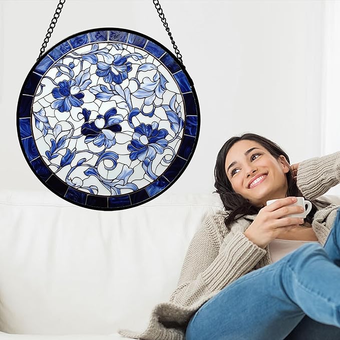 Stained Glass Window Hanging, Blue and White Abstract Flowers Sun Catcher for Door Home Decor Suncatcher Christmas Mother's Day Birthday Gifts for Women Men Mom and Nana 11.8 in