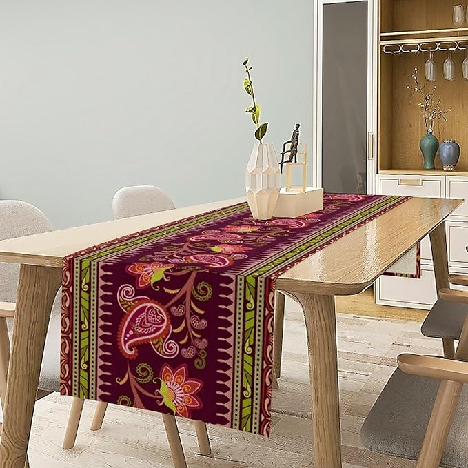 Dark Red Paisley Table Runner, Vintage Boho Paisley Flowers Geometric Print Table Cover for Farmhouse Wedding Party Home Kitchen Dining Table, 13x36inch