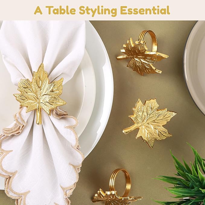 Set of 12 Maple Leaf Napkin Rings - Handcrafted Aluminum Napkin Holders for Cloth & Paper Napkins, Elegant Table Décor for Wedding Receptions Thanksgiving Christmas Holiday Parties (Gold) CLEENTABLE