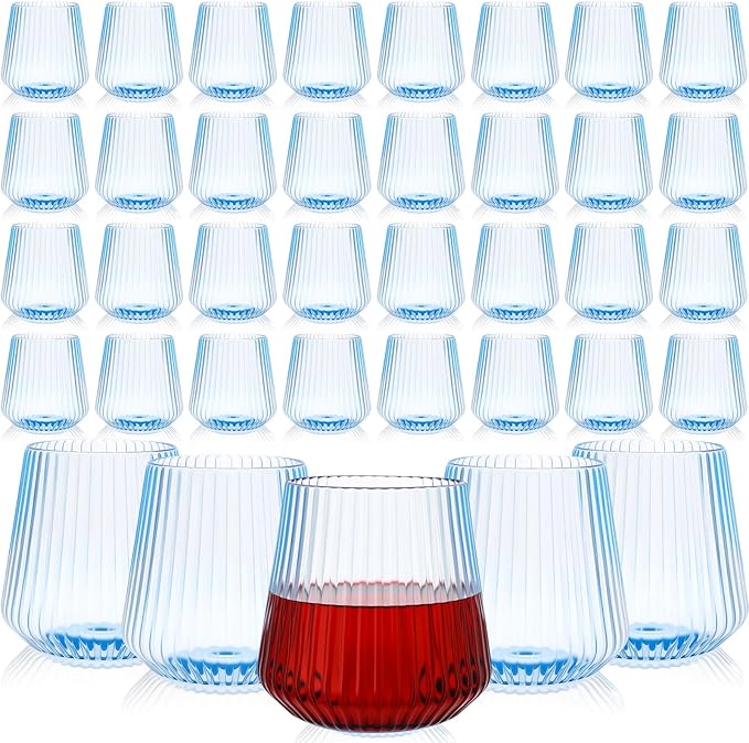Suclain Plastic Wine Glasses Ribbed Stemless Wine Glasses 14oz Vertical Design Unbreakable Cups for Outdoor Indoor Vintage Elegant Champagne Whiskey Cups for Party Wedding(Blue,100 Pcs)