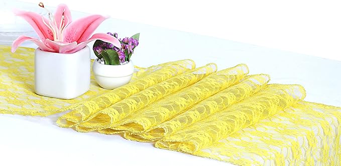 MDS Pack of 10 Wedding 12 x 108 inches Lace Table Runner for Wedding, Decorations for Birthday Parties, Banquets, Graduations, Engagements, and Runners fit Rectangle, Round Table- Yellow
