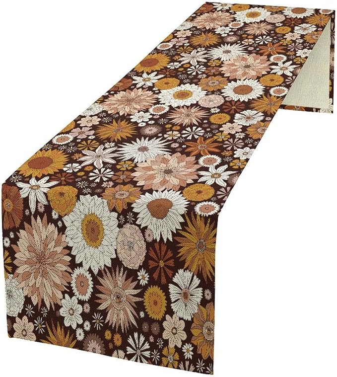 Boho Floral Table Runner, Vintage Country Farmhouse Daisy Flowers Modern Kitchen Dining Room Decoration for Indoor and Outdoor Wedding Party Banquet Table Runner 13x90 Inch