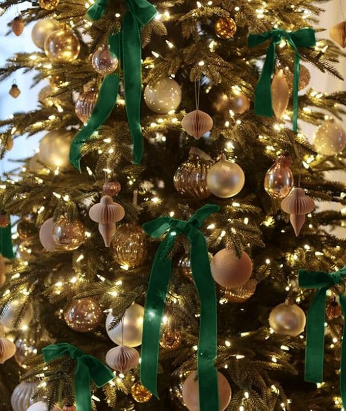 Dark Green Christmas Velvet Ribbon for Tree, Gift Wrapping, Flower Bouquet, Wreath Decorations, Bow Making 1'', 25 Yards