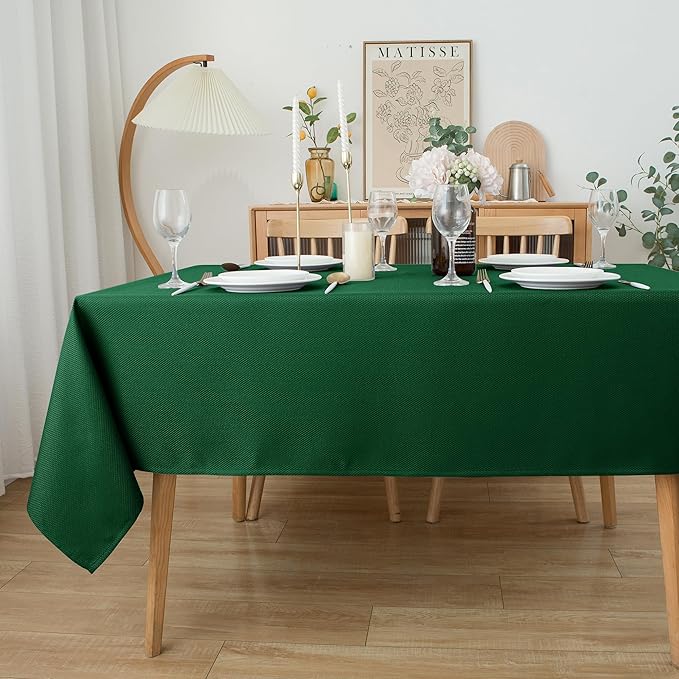 Biscaynebay Textured Fabric Christmas Rectangle Table Cloth 70x120 Inch, Hunter Green Water Resistant Tablecloths for Dining, Kitchen, Wedding and Parties etc. Machine Washable