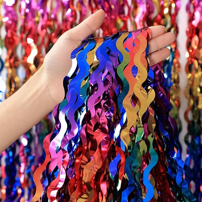 3 Pack Colorful Foil Fringe Curtain Backdrop - 6.6 x 3.3 ft Wavy Rainbow Tinsel Backdrop Curtain Metallic Streamers Iridescent Holiday Photo Booth Party Decorations