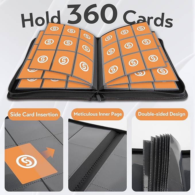 Card Binder 9 Pocket for 360 Cards - Premium Trading Card Binder with Sleeves Protection, Side Loading Card Collection Binder for TCG, MTG, YGO, One Piece Collectible Cards (Black)