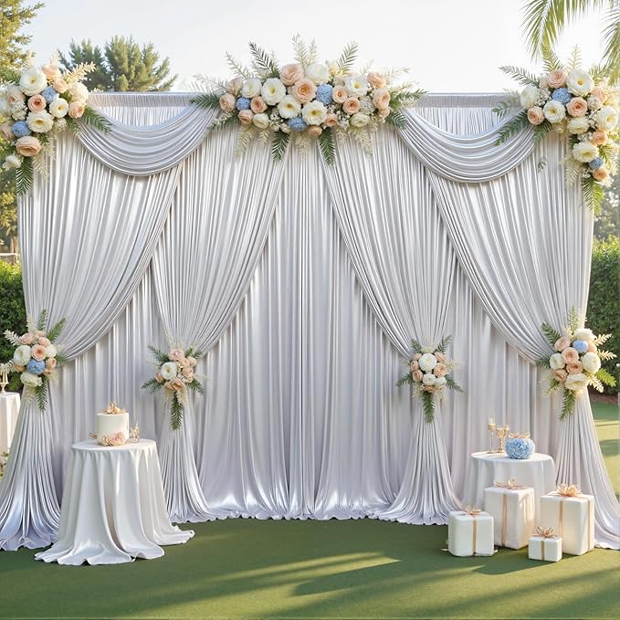 PartyVillage 10x10FT Silver Sequin Backdrop Curtain -2 Panels 5x10FT Wrinkle Free Shimmer Back Drop Cloth, Glitter Backdrop Drapes for Photography, Birthday, Wedding, Graduation Background