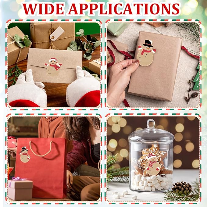 Christmas Gift Tags Stickers, 96Pcs Christmas Gift Labels Stickers, Self-Adhesive Christmas Name Tags for Xmas Gifts Wrap Presents Boxes Decoration, 2 x 3 Inch, Natural Kraft Paper Snowman Stickers
