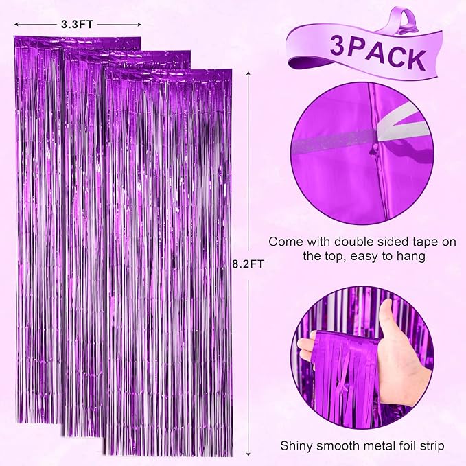 3 Pack 3.3x8.2 Feet Purple Foil Fringe Backdrop Curtains, Tinsel Streamers Birthday Party Decorations, Fringe Backdrop for Graduation, Baby Shower, Gender Reveal, Disco Party