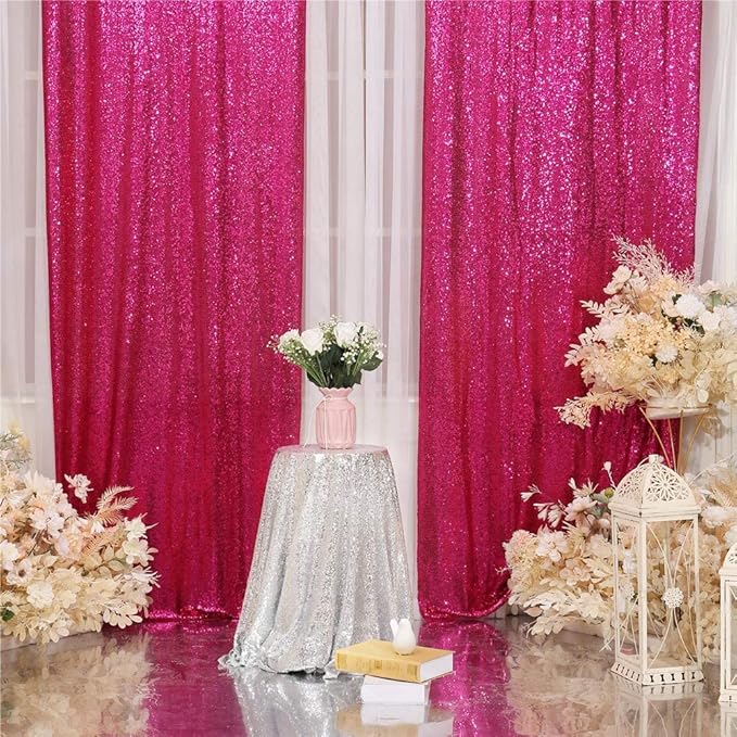 Eternal Beauty Hot Pink Sequin Backdrop Curtains, Shimmer Back Drop 4Panels-2FTx8FT for Christmas, Party, Birthday, Photography, Wedding, Baby Shower Event Decoration