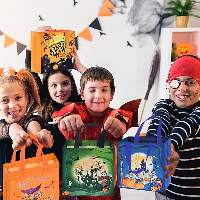 AhfuLife 8 Pcs Halloween Trick or Treat Bags, Candy Tote Bags with Handles, Reusable Non-Woven Gift Bag for Halloween Party Supplies Favors (7.8×7.8×3.1’’)
