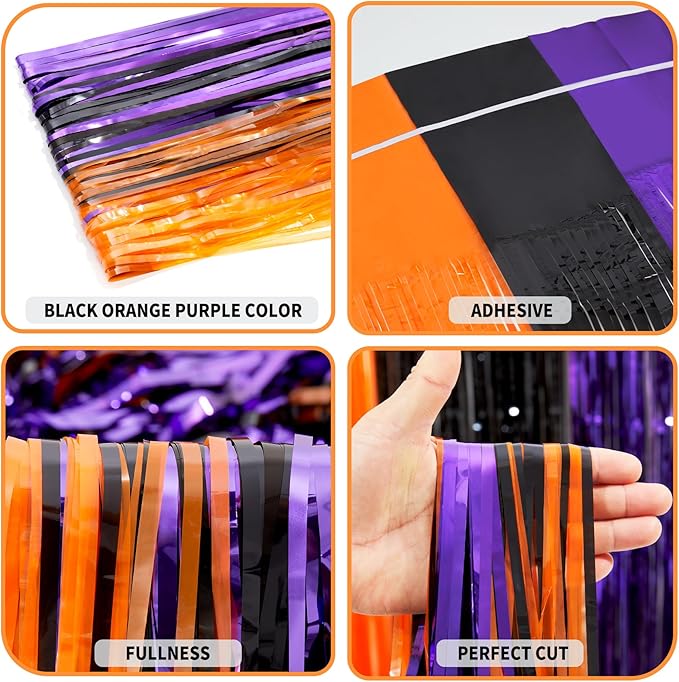 3 Pack Orange Purple Black Tinsel Foil Fringe Curtains, Halloween Photo Backdrop Streamers for Birthday Anniversary Party Decoration