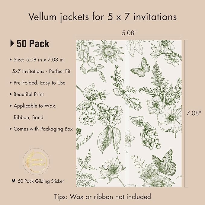 50 Pack Pre-Folded Vellum Jackets for 5x7 Invitations,AZAZA Elegant Translucent Invitation Sleeves,115GSM Vellum Jackets 5x7, Wedding Invitation Accessories, for Weddings Birthdays,Sage Green Toile