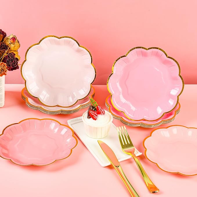 Pink Party Plates Gradient Pink Dessert Paper Plates 7inch Gold Foil Scalloped Edge Disposable Cake Plates for Tea Party Birthday Bridal Baby Shower Wedding Party Supplies (48)