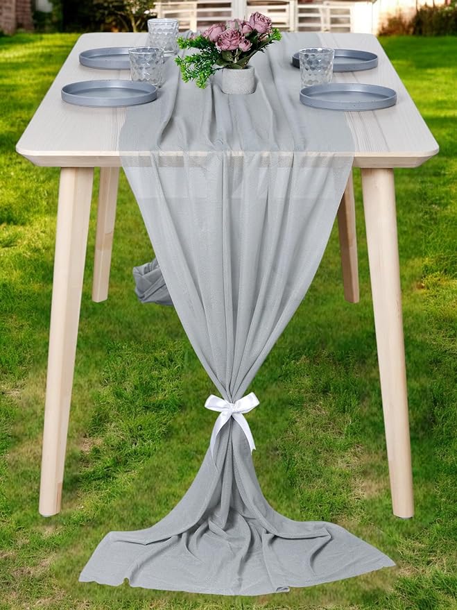 MDS 20 Pack 10ft Chiffon Table Runner 29 x 120 Inches Sheer Wedding Runner Romantic Rustic Table Runner for Wedding Decorations, Birthday Parties, Bridal Shower Party Arch Decor - Gray