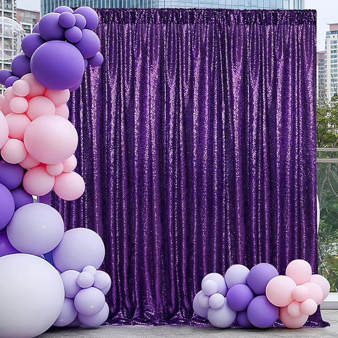 Purple Backdrop Curtins Sequin Fabric 3 Panels Background Drapes 2FT x 8FT Wedding Halloween Bridal Baby Shower Theme Decorations