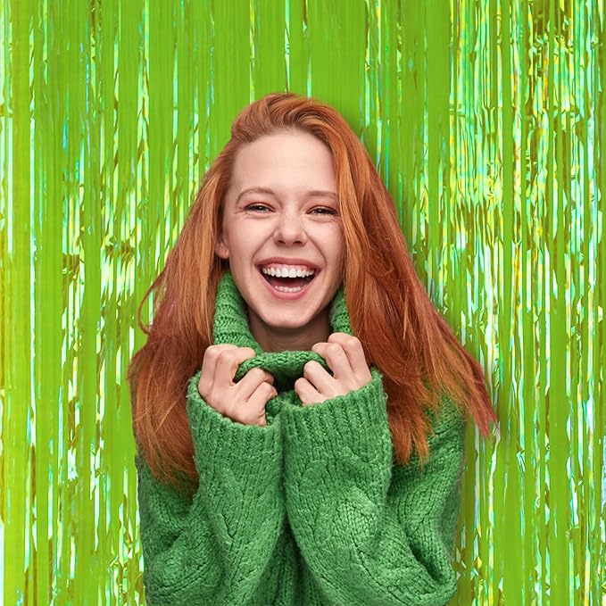 3 Pack 3.3x8.2 Feet Neon Green Foil Fringe Backdrop Curtains, Tinsel Streamers Birthday Party Decorations, Fringe Backdrop for Graduation, Baby Shower, Gender Reveal, Disco Party