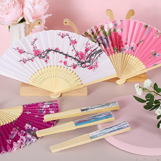 Aodaer 16 Pack Floral Folding Fans Silk Fabric Handheld Fans Vintage Folding Fans for Wedding Dancing Party Favors
