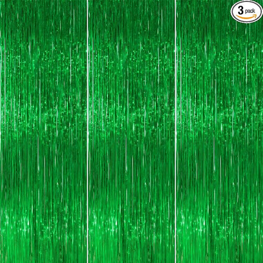 PartyWoo Green Streamers Backdrop 3pcs Green Tinsel Foil Fringe Streamer Curtains 8.2 FT Curtains Photo Backdrop for Graduation Birthday Dinosaur Jungle Golf Football Theme Party Decorations