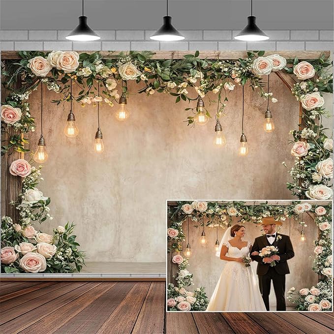 5x3ft Country Wedding Photography Backdrop Floral Rustic Roses Farmhouse Wooden Door Backdrop Pink Flower Birthday Baby Shower Wedding Bridal Party Banner Photo Booth Props Anniversary Background
