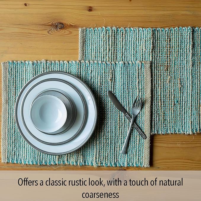 Chardin Home Natural Jute & Aqua Turquoise Placemats, Set of 4 – Rustic Handmade Boho Table Mats, 13x19 in Dining Table Placemats - Kitchen, Everyday Meals, Holidays, Farmhouse or Modern Table Décor