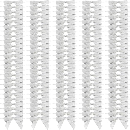 Bright Creations Mini Silver Ribbon Bows - 3-Inch, Silver, 100 Count, Polyester Satin - Twist Tie Bows for Treat Bags, Party Favors & Crafts