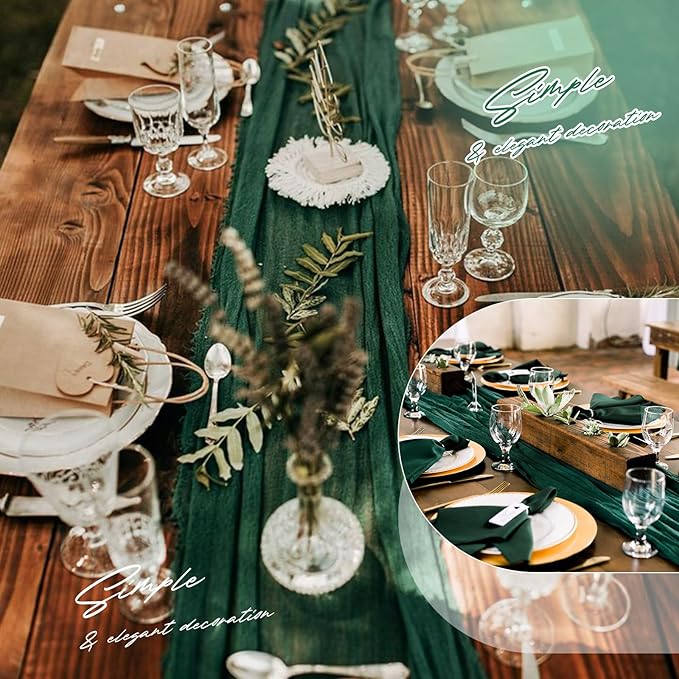 Aktor 4 Pack Emerald Green Table Runner Boho Cheesecloth Table Runner Semi Sheer Gauze Fabric Runners for Wedding Birthday Baby Shower Party Boho Table Decoration（Emerald Green）